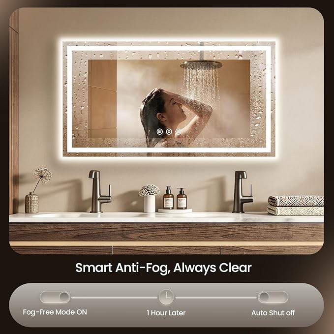 55x30 LED Bathroom Mirror with Anti-Fog, Backlit & Front Lit, Memory | Stepless Dimmable 3 Color CRI 95+ Shatterproof Tempered Glass ETL Listed for Safety Lighted Bathroom Vanity Mirror for Wall