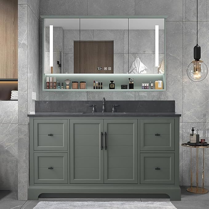 Vanity Art 60 Inch Bathroom Vanity with Single Sink, Silver Grey | Solid Wood, Ceramic Sink, Marble Top, Waterproof Backsplash, Pre-assembled, Soft-close Doors, Ample Storage, Freestanding