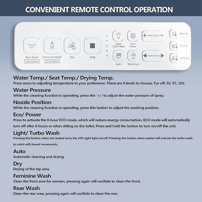Toilet Bidet Seat with Wireless Remote Control, Electric Bidet with Oscillating Cleaning, Heated Toilet Seat, Adjustable Temperature and Pressure, Slow Closed Lid, Elongated