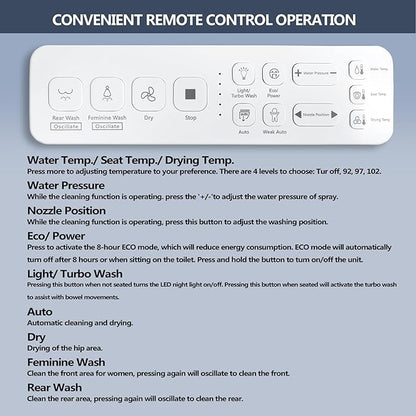 Toilet Bidet Seat with Wireless Remote Control, Electric Bidet with Oscillating Cleaning, Heated Toilet Seat, Adjustable Temperature and Pressure, Slow Closed Lid, Elongated