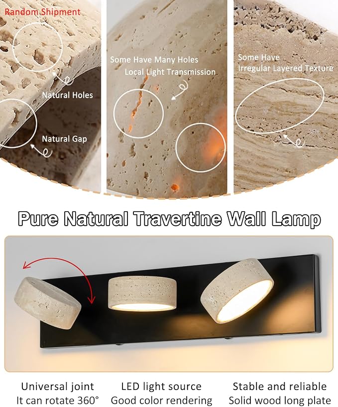 Travertine Vanity Light, 19.7 Inch Wabi Sabi Vanity Lights Fixture with 360° Rotatable Natural Stone Lampshade and Black Metal Base Nordic Style Farmhouse Vanity Lights for Bathroom (3 Lights)