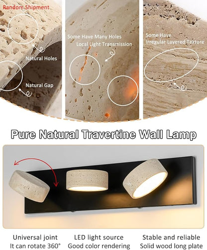 Travertine Vanity Light, 19.7 Inch Wabi Sabi Vanity Lights Fixture with 360° Rotatable Natural Stone Lampshade and Black Metal Base Nordic Style Farmhouse Vanity Lights for Bathroom (3 Lights)