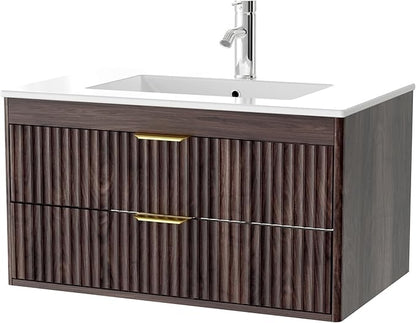 30 Inch Floating Bathroom Vanity with Sink, Bathroom Wall Cabinet with 2 Fluted Drawers & Metal Handle, Wall Mounted Cabinet for Bathrooms (Brown, 30 inch, with Sink)