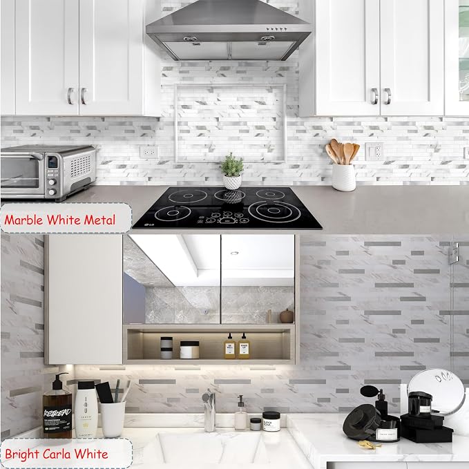 Yipscazo 2026 New Upgrade Peel and Stick Backsplash, Stick on Backsplash Tiles for Kitchen, Bathroom, Fireplace (10 Sheets, White Stone with Gold)