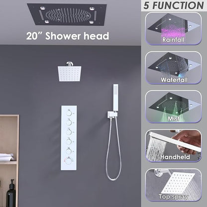 Enga Luxury Dual Shower Head System LED Thermostatic Shower System with 6 inch Wall Shower, 20-Inch 3 Function Shower Head (Rainfall & Mist & Waterfall), Chrome