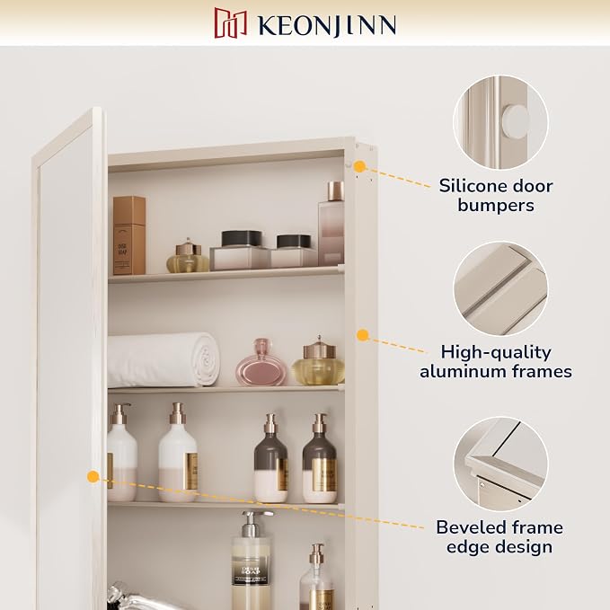 Keonjinn Brushed Nickel Large Medicine Cabinet with Mirror 36"x24", 2 Door | Assembly Needed, Stepless Adjustable Shelves, Aluminum Rust-Resistant, Surface Mount or Recessed Bathroom Mirror with Storage