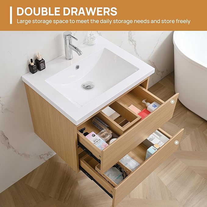 walsport Floating Bathroom Vanity with Sink & Mirror & Faucet & Countertop Set Small Wall Mounted Bathroom Single Sink Cabinet with Double Storage Drawers Modern (Natural)