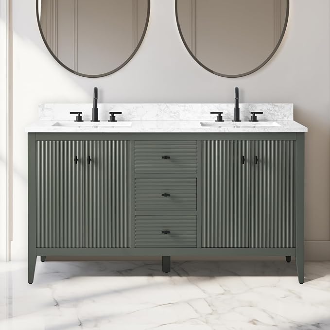 Vanity Art 60 inch Bathroom Vanity with Double Sink & Ceramic Top, Vanity Cabinet with Soft-Closing Door, Solid Wood Frame, Linear Pattern, Vintage Green, VA9160-DVG-MB,Matte Black Handles