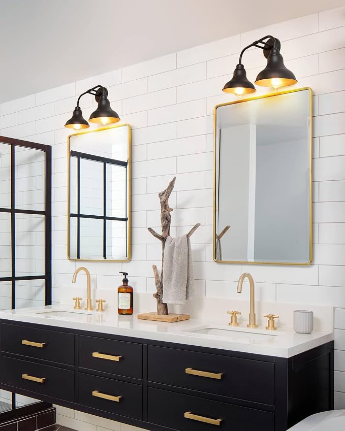 18-Inch 2-Light Farmhouse Bathroom Vanity Light Over Mirror, Black | Rustic industrial style, metal construction, 2 E26 sockets, 60W max each, dimmable, 7.08 in. shades, bathroom mirror, bedroom