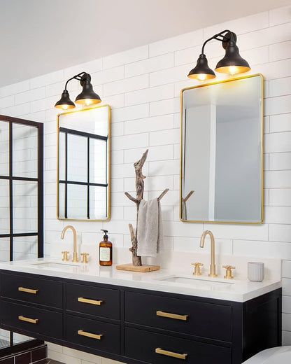 18-Inch 2-Light Farmhouse Bathroom Vanity Light Over Mirror, Black | Rustic industrial style, metal construction, 2 E26 sockets, 60W max each, dimmable, 7.08 in. shades, bathroom mirror, bedroom
