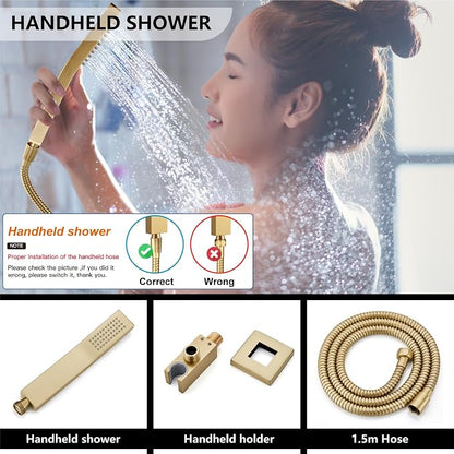 Midanya Shower System with Tub Spout,8 Inch Shower Head,Brushed Gold | with Valve & Trim Kit,Square Rain Head,Handheld Sprayer,Waterfall Spout,All Metal Wall Mount Bathroom Shower Tub Faucet Set