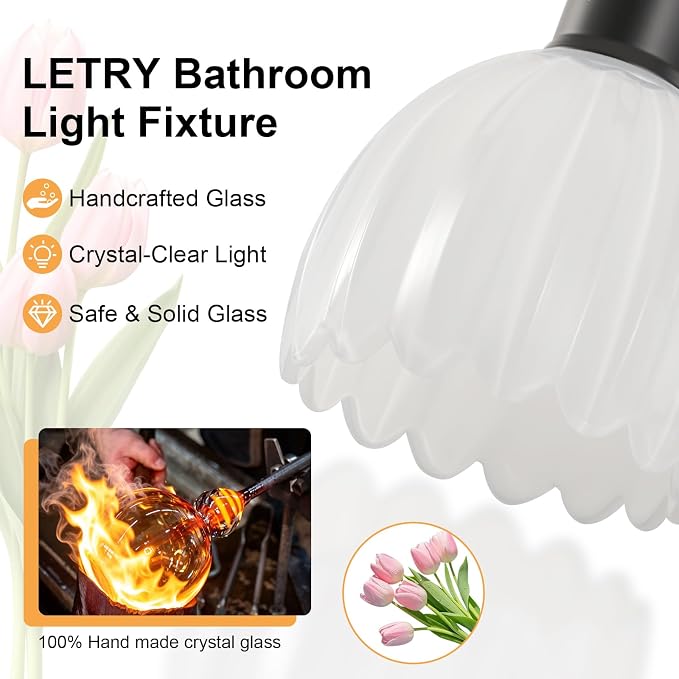 Bathroom Light Fixtures, 3-Light Brushed Black Vanity Lights for Bathroom with White Tulip Glass Shade, 20" Vintage Bathroom Vanity Lighting Fixtures Over Mirror for Bedroom Living Room Hallway