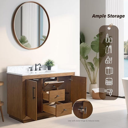HOMEBEYOND 48" Bathroom Vanity with Single Sink & Ceramic Top, MDF Material Vanity Cabinet with Basin Combo, Soft-Closing Doors, Removable Shelf, Backsplash, Tan
