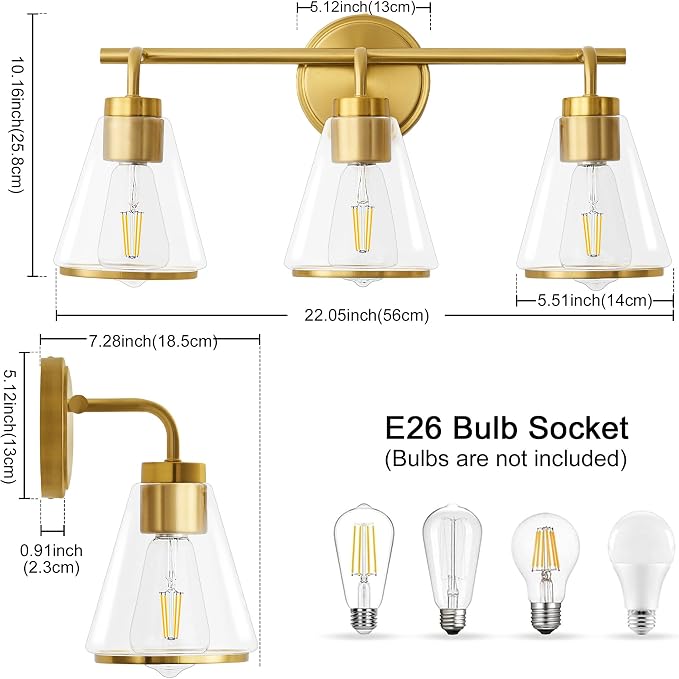 22" 3-Light Brushed Gold Modern Bathroom Vanity Light Fixtures Over Mirror | Clear Glass Shade, Heat-Resistant Ceramic E26 Socket, Wall Sconces, Rustproof, Fit 16–22 Inch Mirrors for Vanity Table