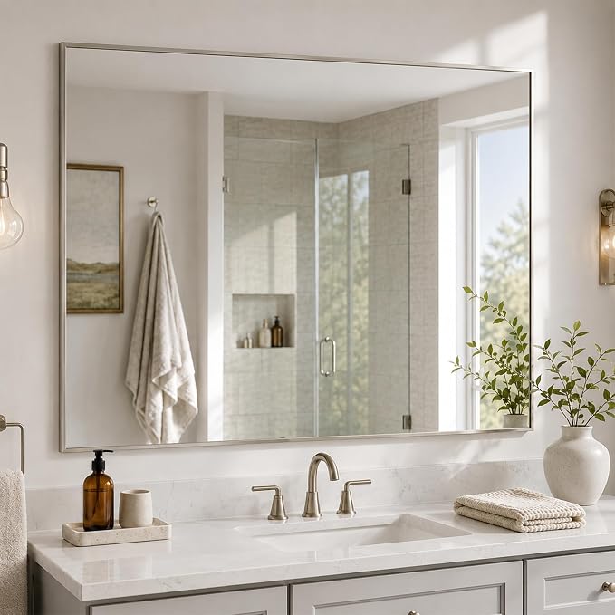 40"x30" Brushed Nickel Framed Rectangle Bathroom Vanity Wall Mirror | Over-Sink Vanity Mirror, Slim Metal Frame, Entryway or Dresser Use, Vertical/Horizontal Mount, Tempered Glass