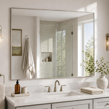 40"x30" Brushed Nickel Framed Rectangle Bathroom Vanity Wall Mirror | Over-Sink Vanity Mirror, Slim Metal Frame, Entryway or Dresser Use, Vertical/Horizontal Mount, Tempered Glass