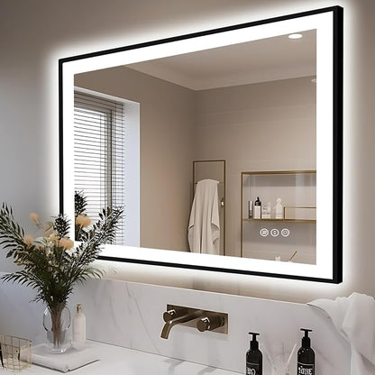 EchosLife 44x30 Bathroom Light up Mirror - Black Trim | Black Frame, Front and Backlit, Anti-Fog, Stepless Dimmable, 3 Colors, Memory, Tempered Glass, UL Listed, Horizontal/Vertical