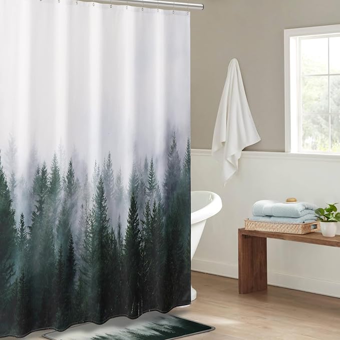 ORTIGIA Dark Green Misty Forest Heavy Duty Shower Curtain for Bathroom, Nature Woodland Shower Curtain Set with Hooks, Decorative Pine Tree Fog Magic Bath Curtain for Home, 70x72