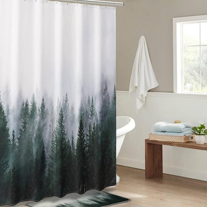 ORTIGIA Dark Green Misty Forest Heavy Duty Shower Curtain for Bathroom, Nature Woodland Shower Curtain Set with Hooks, Decorative Pine Tree Fog Magic Bath Curtain for Home, 70x72