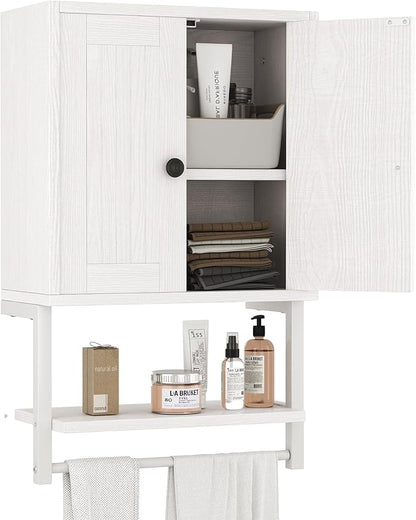 Homeiju Small Farmhouse Style Rustic Medicine Cabinet with Two Barn Doors, Wooden Wall Mounted Storage Cabinet with Shelf and Towel Bar for Bathroom, Living Room, Kitchen, White