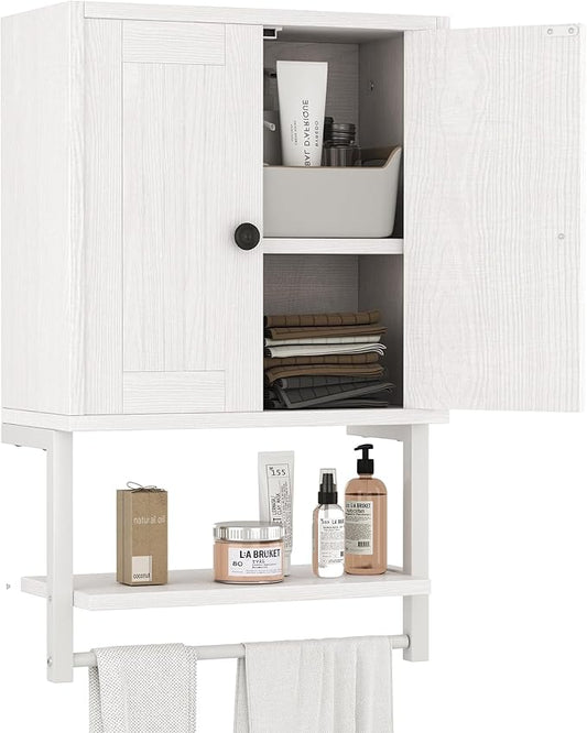 Homeiju Small Farmhouse Style Rustic Medicine Cabinet with Two Barn Doors, Wooden Wall Mounted Storage Cabinet with Shelf and Towel Bar for Bathroom, Living Room, Kitchen, White