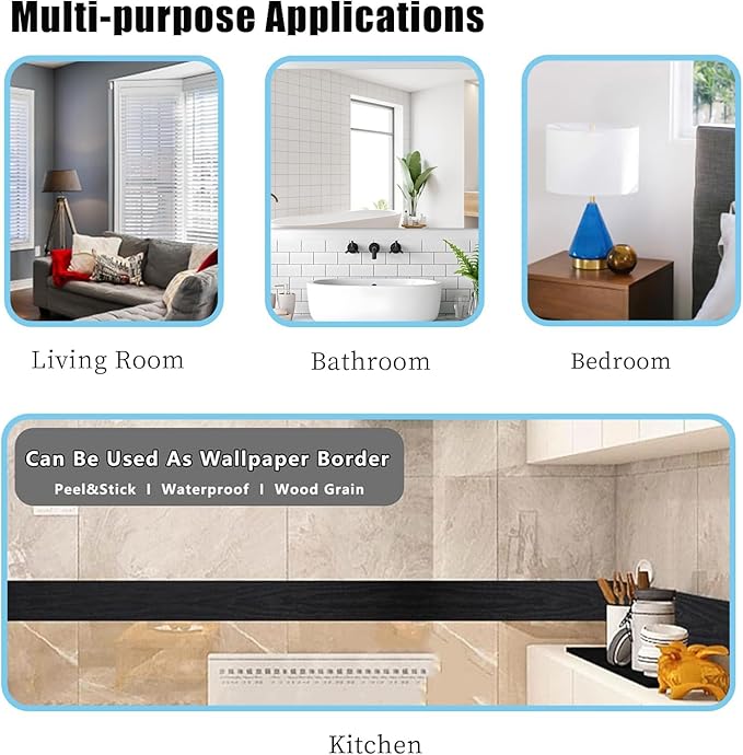 Teemall 10M Black Wood Grain Removable PVC Waterproof Border Wall Decor Removable Self Adhesive Kitchen Bathroom Tiles Sticker Wallpaper 4.2x390 (Black, 2" x 390")