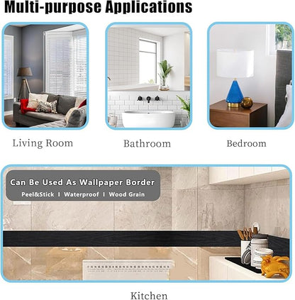 Teemall 10M Black Wood Grain Removable PVC Waterproof Border Wall Decor Removable Self Adhesive Kitchen Bathroom Tiles Sticker Wallpaper 4.2x390 (Black, 2" x 390")