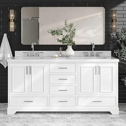 ARIEL Stafford 72-inch Bathroom Vanity with Sink,Solid Wood, 1.5-inch Italian Carrara Marble Countertop, Double Rectangular Porcelain Sink, 4 Soft Closing Doors, 6 Dovetail Drawers, White