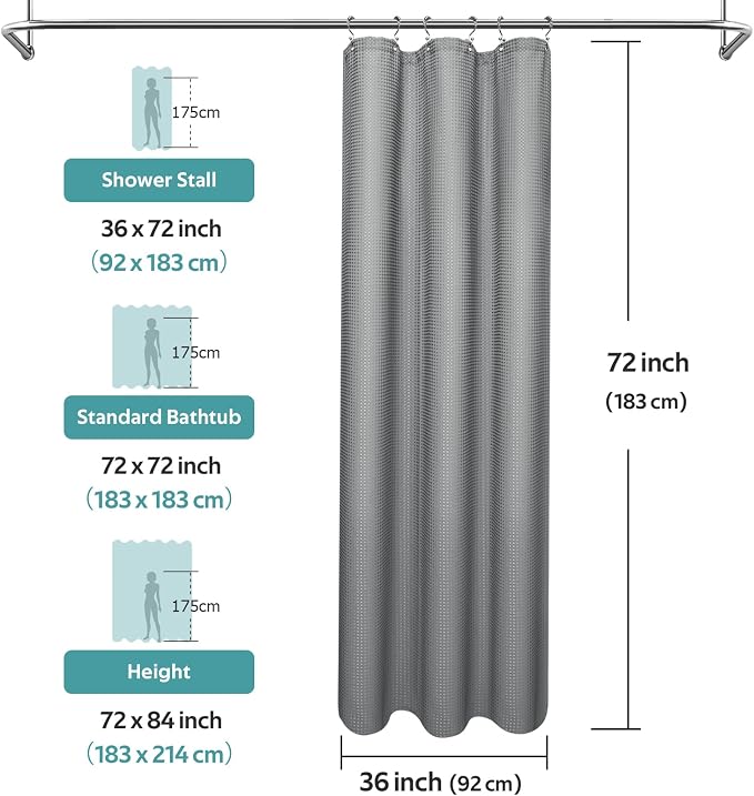 3 in 1 Shower Curtain Set, Waffle Shower Curtain and Liner Set with 6 Double Sided Shower Curtain Hooks, 258GSM Luxury Weighted Cloth Shower Curtain for Shower Stall, 36 W x 72 H, Grey