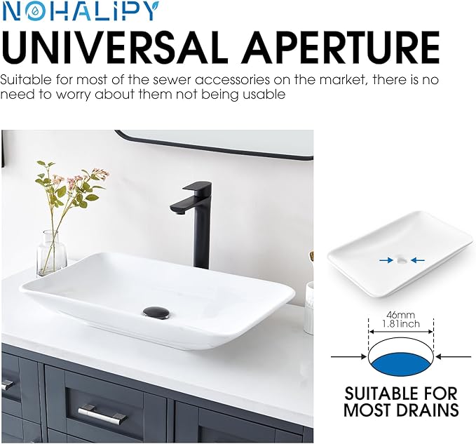 24*15 Inch Glossy White Modern Art Countertop Bathroom Vessel Sink, Decorative-Functional Ceramics Rectangle Vessel Sinks, Elegant Above Counter Large Washbasin Bowl for Bathroom Vanity, RVs