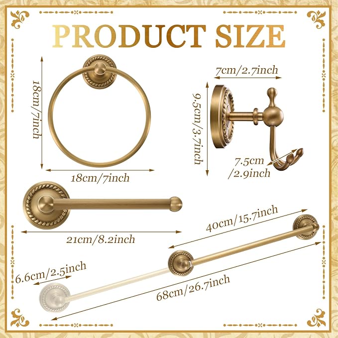 4 Pcs Antique Brass Gold Bathroom Accessories Set Wall-Mounted Adjustable Towel Rack & Round Towel Ring & Toilet Paper Holder & Robe Hook, Wall Mounted Brass Vintage Bath Hardware Set