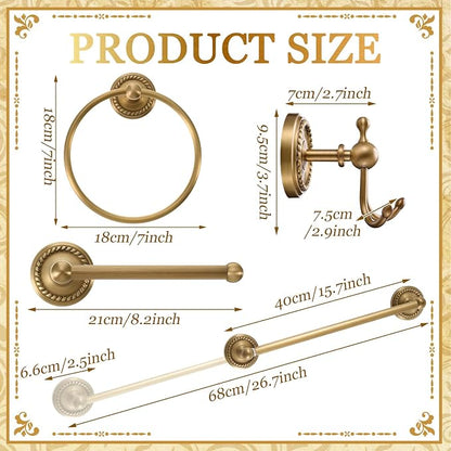 4 Pcs Antique Brass Gold Bathroom Accessories Set Wall-Mounted Adjustable Towel Rack & Round Towel Ring & Toilet Paper Holder & Robe Hook, Wall Mounted Brass Vintage Bath Hardware Set