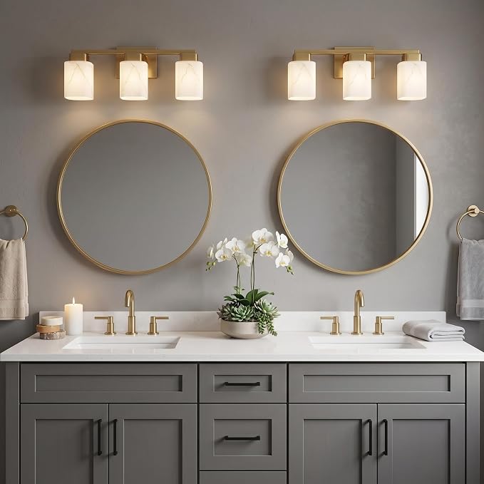 3-Light Square Bathroom Light Fixture, Gold Modern Vanity Light with White Marble Glass Shade, for Bathroom Mirror, Living Room, Bedroom, Hallway, E26 Base