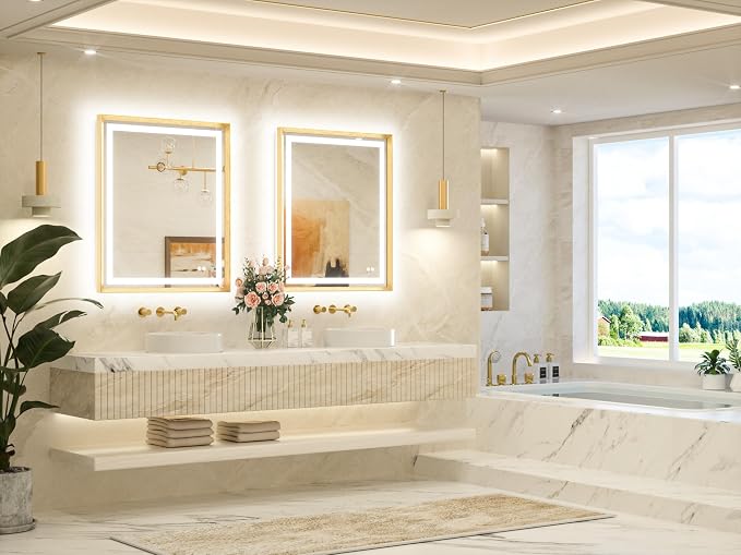 Led Bathroom Mirror 30 x 36 with Brushed Gold Frame Anti-Fog Frontlit & Backlit Vanity Mirror Stepless Dimmable Lighted Mirrors for Bathroom Wall 3 Colors White/Warm/Natural Wall-Mounted
