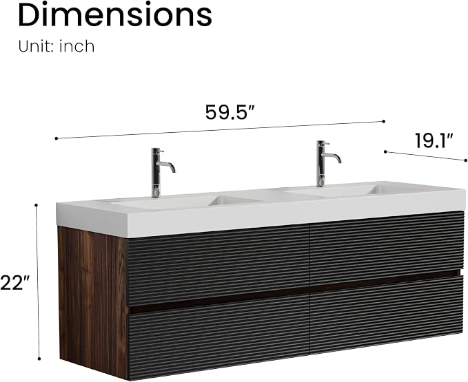 60" Pre-Assembled Floating Vanity with Double White Sink, Walnut | Modern Floating Double Sink Bathroom Vanity with Integrated Engineered Stone Top & Soft-Closing Drawers, Two-tone Cabinet