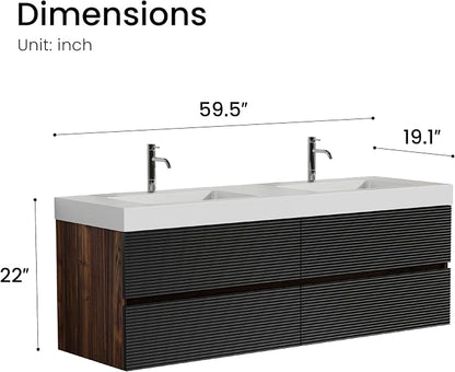 60" Pre-Assembled Floating Vanity with Double White Sink, Walnut | Modern Floating Double Sink Bathroom Vanity with Integrated Engineered Stone Top & Soft-Closing Drawers, Two-tone Cabinet