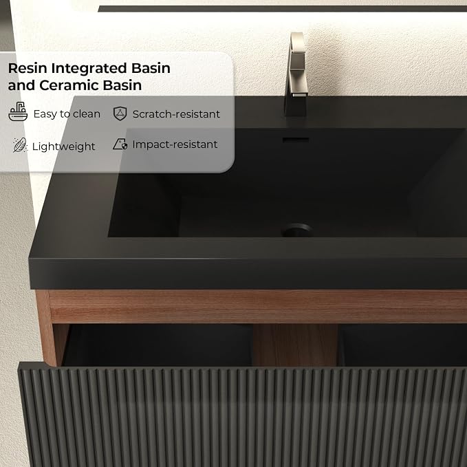 30 Inch Floating Bathroom Vanity with Sink, Wall Mounted Striped Storage Cabinet, Soft Close Drawer, Black Quartz Sand Basin, Fully Assembled, Smoked Walnut Finish