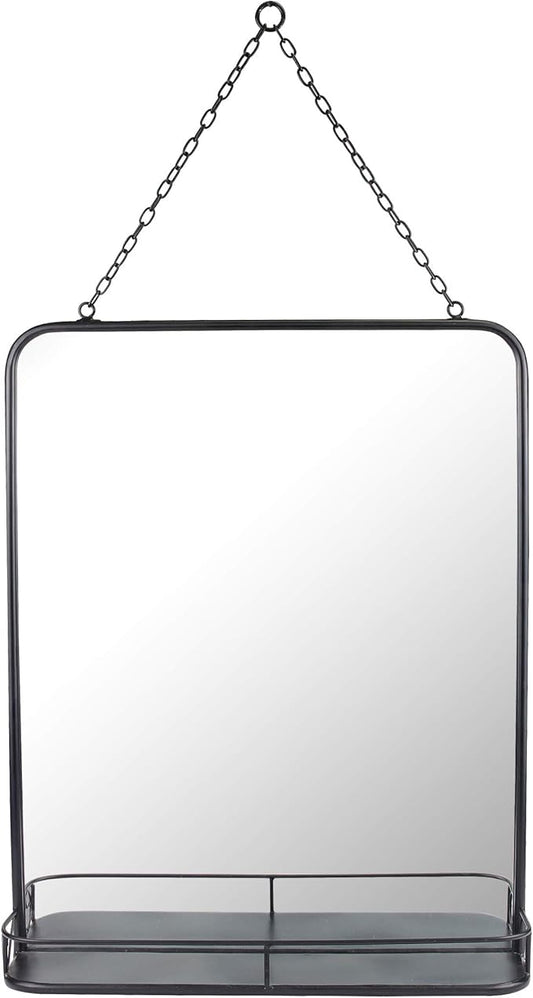 Stonebriar 21" x 16" Rectangle Black Metal Wall Mirror with Hanging Chain and Shelf, Decorative Industrial Decor for the Living Room, Bedroom, Bathroom, Hallway, and Entryway