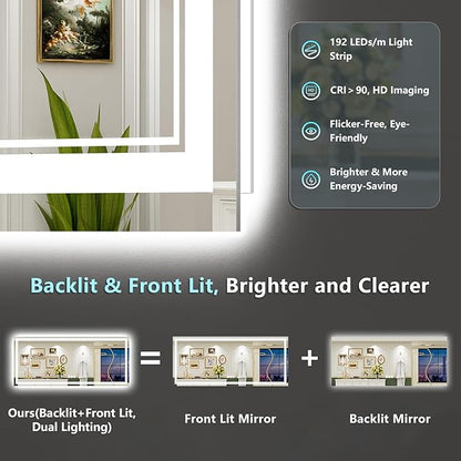 88x38 LED Bathroom Mirror with Lights, Backlit and Front Lit Anti-Fog Lighted Vanity Mirrors for Bathroom Wall, Dimmable, 3-Color Light, Memory, Shatter-Proof, HD Tempered Glass, CRI＞90