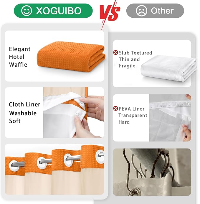 No Hook Shower Curtain and Liner Set,Orange Hotel Waffle Shower Curtain with Liner 75" L x 72" W