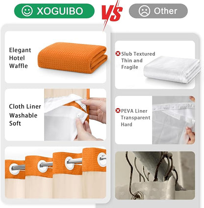No Hook Shower Curtain and Liner Set,Orange Hotel Waffle Shower Curtain with Liner 75" L x 72" W