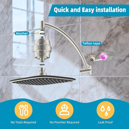 Filtered Rain Shower Head & 12" Extension Arm, 10" High-Pressure Showerhead | Brushed Nickel, Boosting Rainfall/Fixed Showerhead with 20-Stage Shower Filter, Metal Shower Extender Adjustable Height/Angle