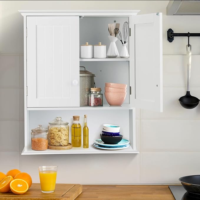 COSTWAY Wall Mounted Bathroom Cabinet, Over The Toilet Storage Cabinet w/Double Doors & Adjustable Shelf, Wood Hanging Medicine Cabinet for Living Room, Entryway, Kitchen (White) | Double Doors & Adjustable Shelf, Wood Hanging Medicine Cabinet for Livi...