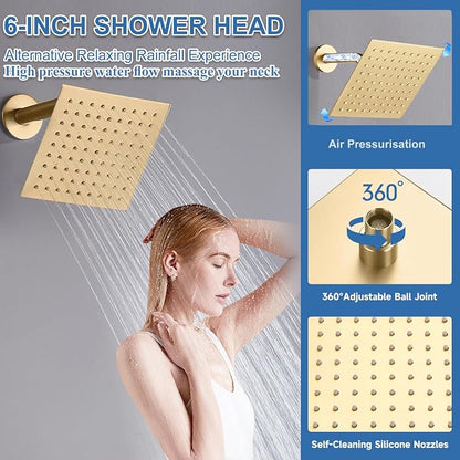 Dual Rainfall Shower Head System Brushed Gold, 3-Function Push Button Shower Faucet Set with 12" Wall Mount Rain shower head and 6" Wall Mount Shower Head, Pressure Balance Rough-in Valve