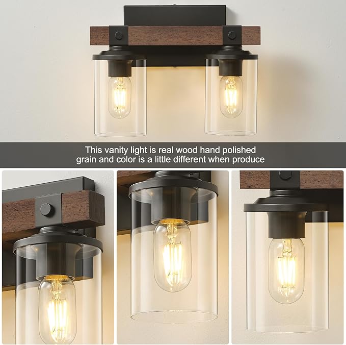 Farmhouse Vanity Light for Bathroom Wooden Rustic Vanity Lighting fixtures | 2-Light Bathroom Lights Over Mirror Vintage Wall Sconce Lighting with Clear Glass Shade for Bedroom Hallway