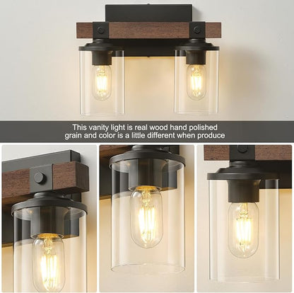 Farmhouse Vanity Light for Bathroom Wooden Rustic Vanity Lighting fixtures | 2-Light Bathroom Lights Over Mirror Vintage Wall Sconce Lighting with Clear Glass Shade for Bedroom Hallway