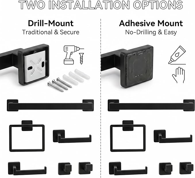 Nevado 10-Piece Wall Mounted Bathroom Hardware Set | Towel Bar, Toilet Paper Holder, Towel Ring& Robe Hook, Matte Black Bathroom Accessories, 23.6‑Inch Towel Bar