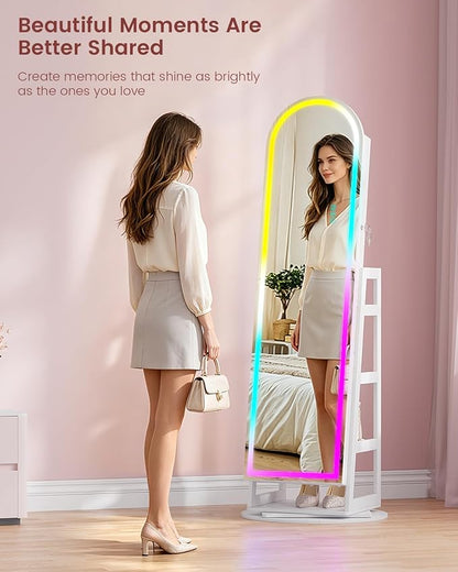 HWB Mirror Jewelry Cabinet Standing with RGB Lights & Storage Shelves | Mirror w/Storage, LED Full-length Mirror, Lockable Jewelry Armoire, 360° Swivel, Standing Jewelry Cabinet, Girls Women Gifts