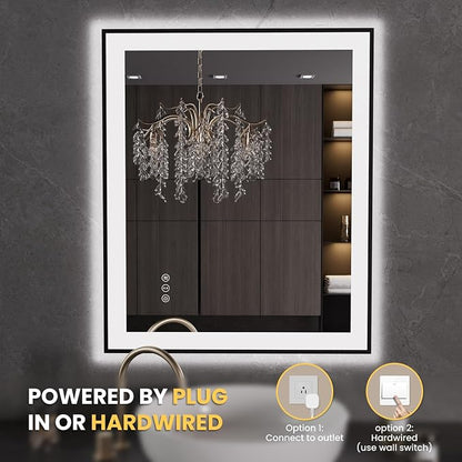 LOAAO 30"X36" LED Bathroom Mirror Black Framed | Anti-Fog, Dimmable, Memory Function, Tempered Glass, Lighted Vanity Mirror for Wall