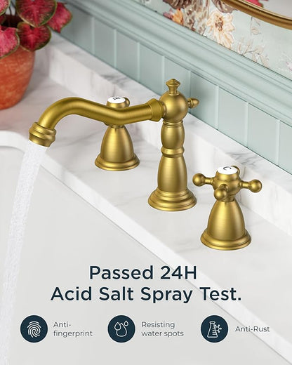 FORIOUS 3 Hole Vintage Bathroom Faucet Brushed Gold, 2 Handles 8 Inch Widespread Antique Brass Bathroom Sink Faucet for Vanity RV Farmhosue, with Metal Pop Up Drain and Supply Lines